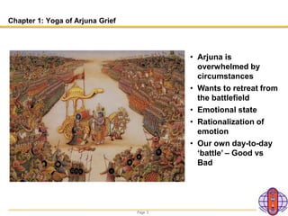 Page 3
Chapter 1: Yoga of Arjuna Grief
• Arjuna is
overwhelmed by
circumstances
• Wants to retreat from
the battlefield
• Emotional state
• Rationalization of
emotion
• Our own day-to-day
‘battle’ – Good vs
Bad
 