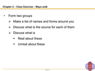 Page 36
Chapter 2 – Class Exercise – Maya walk
• Form two groups
 Make a list of names and forms around you
 Discuss what is the source for each of them
 Discuss what is
 Real about these
 Unreal about these
 