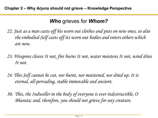 Page 10
Chapter 2 – Why Arjuna should not grieve – Knowledge Perspective
22. Just as a man casts off his worn out clothes and puts on new ones, so also
the embodied-Self casts off its worn out bodies and enters others which
are new.
23. Weapons cleave It not, fire burns It not, water moistens It not, wind dries
It not.
24. This Self cannot be cut, nor burnt, nor moistened, nor dried up. It is
eternal, all-pervading, stable immovable and ancient.
30. This, the Indweller in the body of everyone is ever indestructible, O
Bharata; and, therefore, you should not grieve for any creature.
Who grieves for Whom?
 