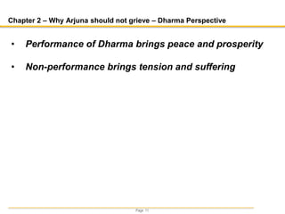 Page 11
Chapter 2 – Why Arjuna should not grieve – Dharma Perspective
• Performance of Dharma brings peace and prosperity
• Non-performance brings tension and suffering
 