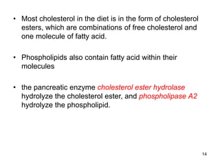 • Most cholesterol in the diet is in the form of cholesterol
esters, which are combinations of free cholesterol and
one molecule of fatty acid.
• Phospholipids also contain fatty acid within their
molecules
• the pancreatic enzyme cholesterol ester hydrolase
hydrolyze the cholesterol ester, and phospholipase A2
hydrolyze the phospholipid.
14
 