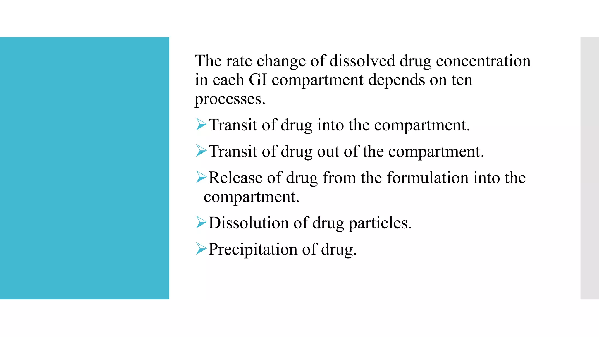 The rate change of dissolved drug concentration
in each GI compartment depends on ten
processes.
Transit of drug into the compartment.
Transit of drug out of the compartment.
Release of drug from the formulation into the
compartment.
Dissolution of drug particles.
Precipitation of drug.
 