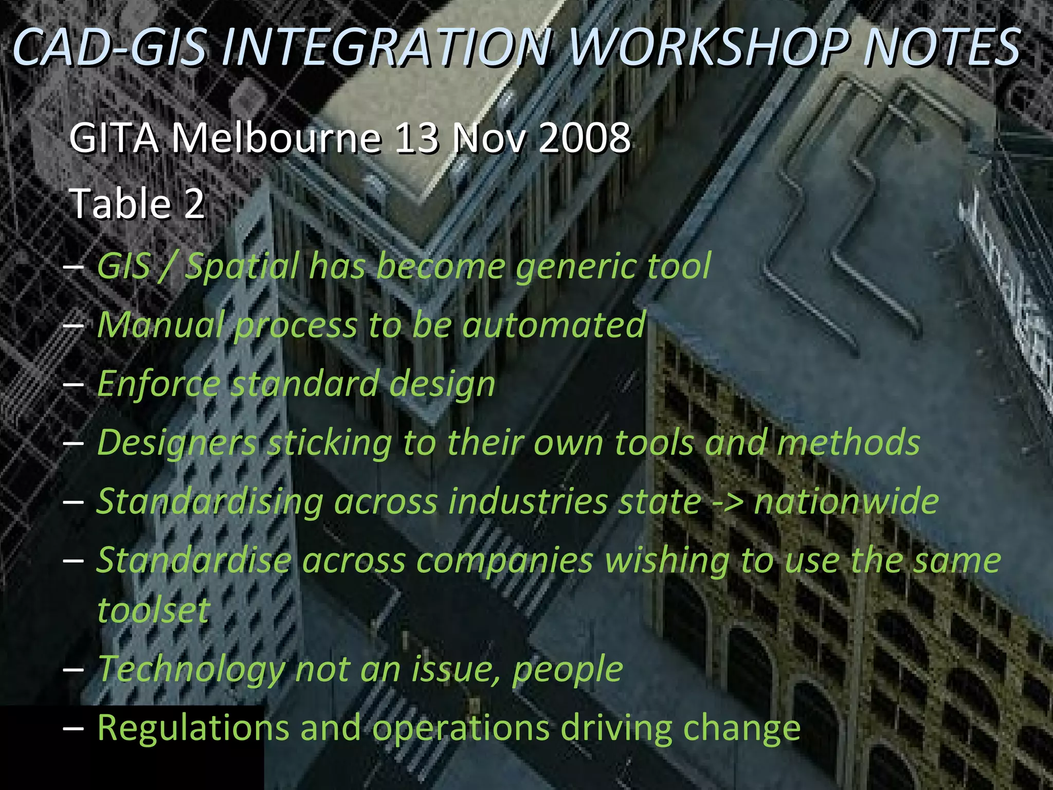 CAD-GIS INTEGRATION WORKSHOP NOTES GITA Melbourne 13 Nov 2008 Table 2 GIS / Spatial has become generic tool Manual process to be automated Enforce standard design Designers sticking to their own tools and methods Standardising across industries state -> nationwide Standardise across companies wishing to use the same toolset Technology not an issue, people Regulations and operations driving change 