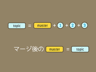 topic   =   master     +   1   +   2   +   3




マージ後の                master    =       topic
 