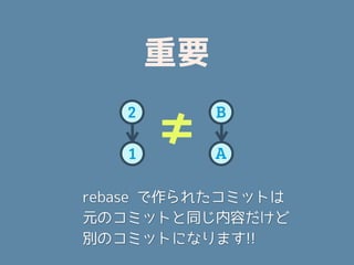 重要
   2        B

   1
       ≠    A
                本当？
rebase で作られたコミットは
元のコミットと同じ内容だけど
別のコミットになります!!
 