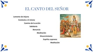 EL CANTO DEL SEÑOR
Lamento de Arjuna
Conócete a ti mismo
Camino de la acción
Sabiduría
Renuncia
Meditación
Discernimiento
Espíritu supremo
Meditación
 