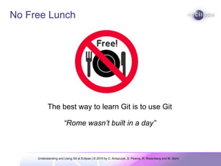 No Free Lunch




           The best way to learn Git is to use Git

                       “Rome wasn’t built in a day”



     Understanding and Using Git at Eclipse | © 2010 by C. Aniszczyk, S. Pearce, R. Rosenberg and M. Sohn
 