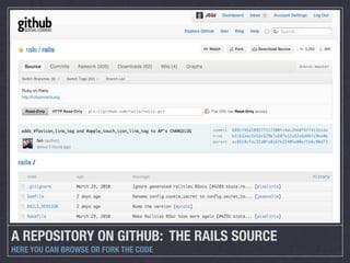 A REPOSITORY ON GITHUB: THE RAILS SOURCE
HERE YOU CAN BROWSE OR FORK THE CODE
 