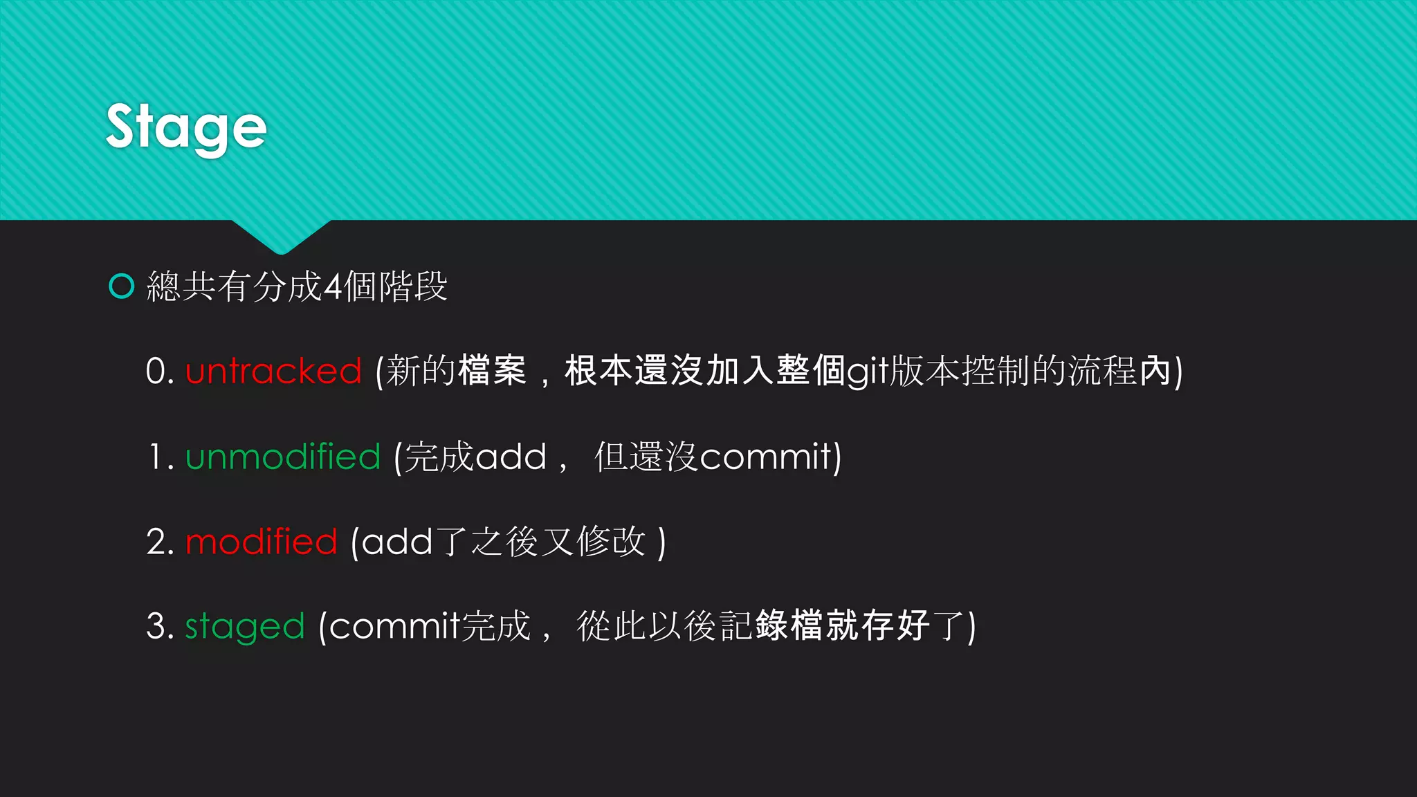 Let’s start a repo in local
 What’s repo
 repository ， git 都是這麼稱呼它的版本資料庫
 將一個專案(其實就是資料夾啦)加入git追蹤
git init
 