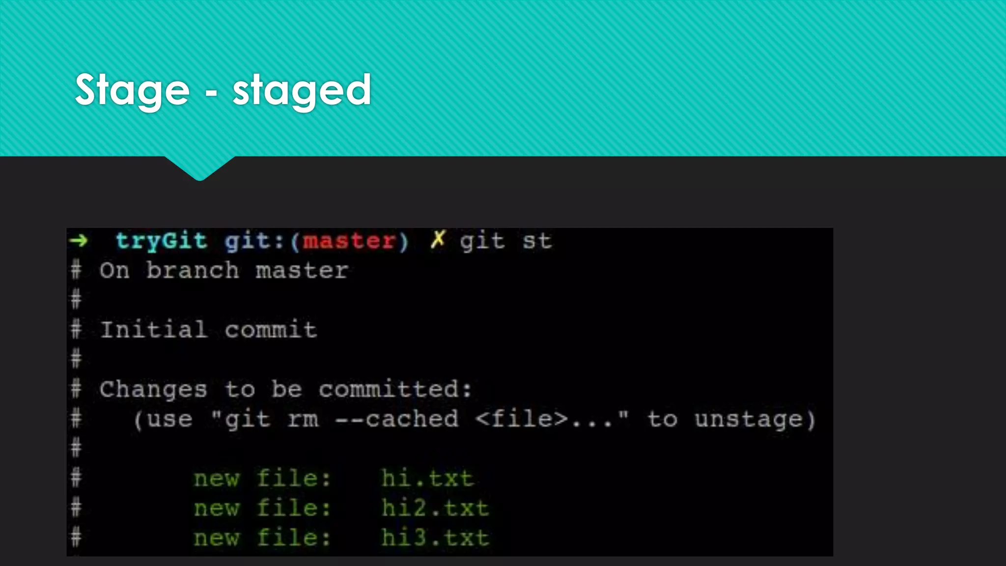 Stage - staged
 所有東西都已經加入git的追蹤 (其實根本就甚麼東西都還沒有)
 