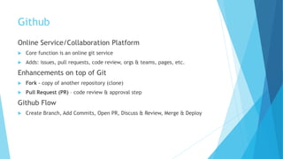 Github
Online Service/Collaboration Platform
 Core function is an online git service
 Adds: issues, pull requests, code review, orgs & teams, pages, etc.
Enhancements on top of Git
 Fork - copy of another repository (clone)
 Pull Request (PR) – code review & approval step
Github Flow
 Create Branch, Add Commits, Open PR, Discuss & Review, Merge & Deploy
 