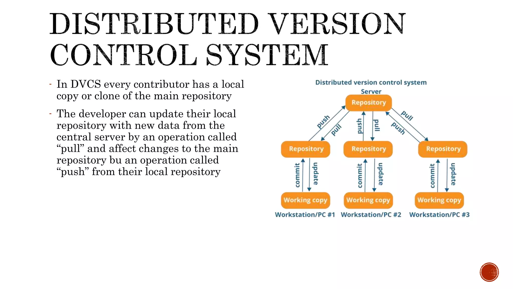 - In DVCS every contributor has a local
copy or clone of the main repository
- The developer can update their local
repository with new data from the
central server by an operation called
“pull” and affect changes to the main
repository bu an operation called
“push” from their local repository
 