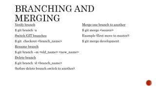 Verify branch
$ git branch -a
Switch GIT branches
$ git checkout <branch_name>
Rename branch
$ git branch –m <old_name> <new_name>
Delete branch
$ git branch -d <branch_name>
(before delete branch switch to another)
Merge one branch to another
$ git merge <source>
Example (first move to master):
$ git merge development
 