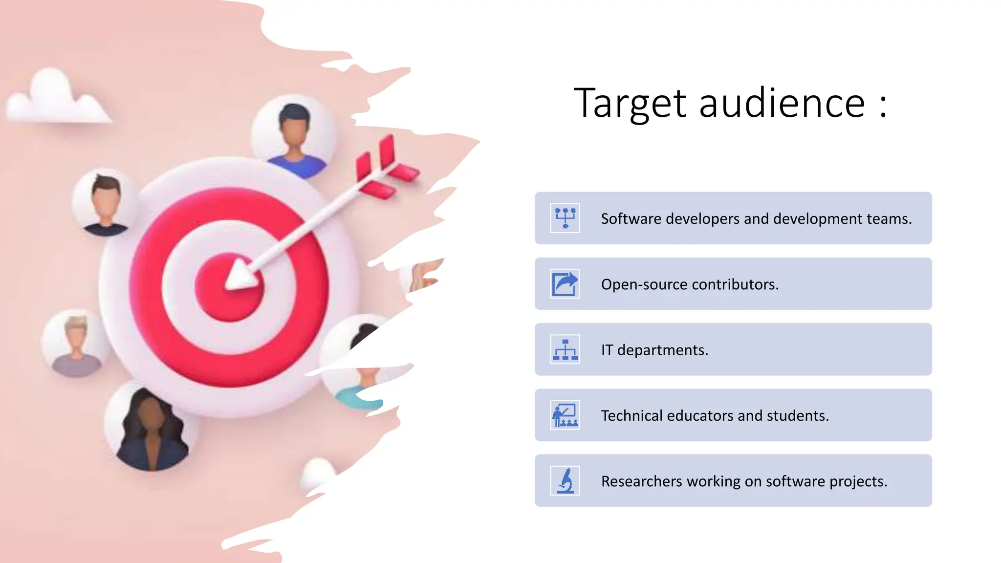 Target audience :
Software developers and development teams.
Open-source contributors.
IT departments.
Technical educators and students.
Researchers working on software projects.
 