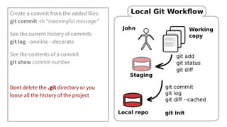 Create a commit from the added files:
git commit -m “meaningful message”
See the current history of commits
git log --oneline --decorate
See the contents of a commit
git show commit-number
Dont delete the .git directory or you
loose all the history of the project
 