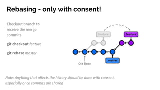 Rebasing - only with consent!
Note: Anything that affects the history should be done with consent,
especially once commits are shared
Checkout branch to
receive the merge
commits
git checkout feature
git rebase master
 
