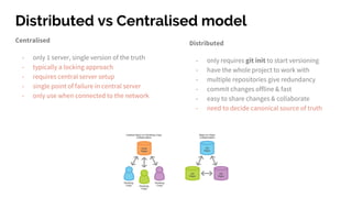 Distributed vs Centralised model
Centralised
- only 1 server, single version of the truth
- typically a locking approach
- requires central server setup
- single point of failure in central server
- only use when connected to the network
Distributed
- only requires git init to start versioning
- have the whole project to work with
- multiple repositories give redundancy
- commit changes offline & fast
- easy to share changes & collaborate
- need to decide canonical source of truth
 