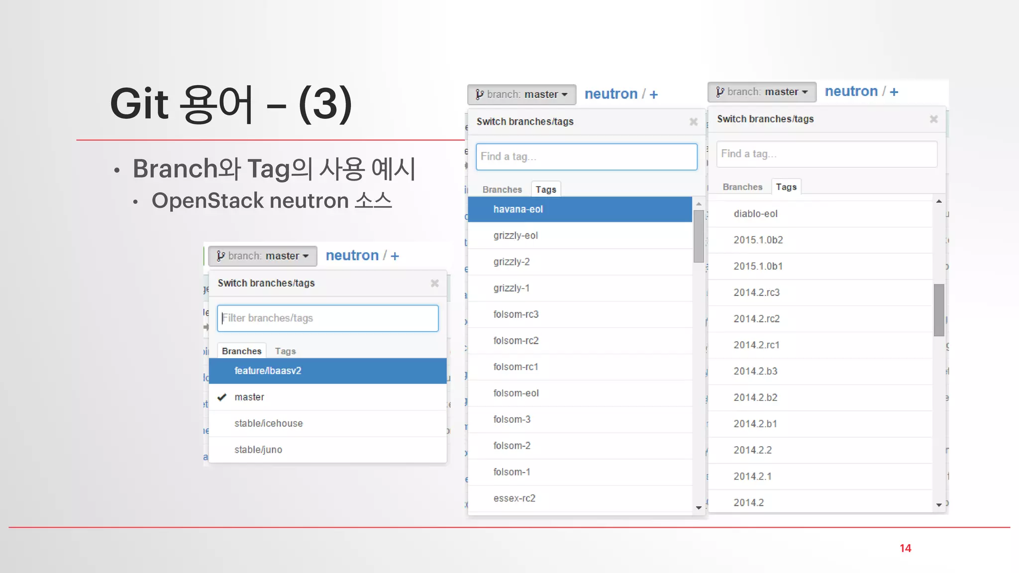 용어
•
• 버전들을 묶어서 라고 합니다
• 기본은 입니다
• 내 컴퓨터 내에 있는 는 로컬 외부 서버에 있는 는 리모트
라고 합니다
•
• 는 왔다갔다하면서 각각에 대해 내용을 변경하고 버전 관리까지 가능합니다
• 반면 는 특정 버전 위치에 대해 나중에 쉽게 찾아갈 수 있도록 이름을 지정해 놓은 것
뿐입니다
 