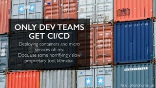 ONLY DEV TEAMS
GET CI/CD
Deploying containers and micro
services oh my.
Docs, use some horrifyingly slow
proprietary tool, kthnxbai.
ﬂickr: photohome_uk
 