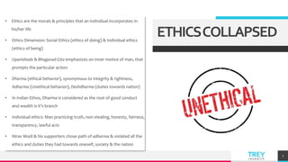 TREY
research
.
• Ethics are the morals & principles that an individual incorporates in
his/her life
• Ethics Dimension: Social Ethics (ethics of doing) & Individual ethics
(ethics of being)
• Upanishads & Bhagavad Gita emphasizes on inner motive of man, that
prompts the particular action
• Dharma (ethical behavior), synonymous to integrity & rightness,
Adharma (Unethical behavior), Deshdharma (duties towards nation)
• In Indian Ethos, Dharma is considered as the root of good conduct
and wealth is it’s branch
• Individual ethics: Man practicing truth, non-stealing, honesty, fairness,
transparency, lawful acts
• Nirav Modi & his supporters chose path of adharma & violated all the
ethics and duties they had towards oneself, society & the nation
7
ETHICSCOLLAPSED
 