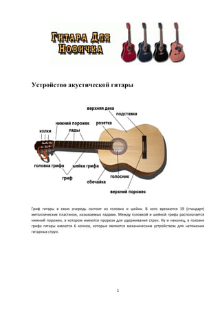 Устройство акустической гитары




Гриф гитары в свою очередь состоит из головки и шейки. В него врезаются 19 (стандарт)
металлических пластинок, называемых ладами. Между головкой и шейкой грифа располагается
нижний порожек, в котором имеются прорези для удерживания струн. Ну и наконец, в головке
грифа гитары имеются 6 колков, которые являются механическим устройством для натяжения
гитарных струн.




                                           1
 