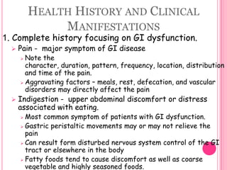 Health History and Clinical Manifestations1. Complete history focusing on GI dysfunction.Pain -  major symptom of GI disease