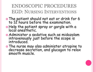 PHYSICAL ASSESSMENT2. Abdomen	a. Inspection -  note for skin changes and scars from previous surgery, contour and symmetry, localized bulging, distention or peristaltic waves.	b.  Auscultation -  notes the character, location and frequency of bowel sounds.	-  Assess bowel sounds in all four quadrants using the diaphragm of the stethoscope (high pitched and gurgling sounds)	-  Bowel sounds (Borborygmi sound)		NORMAL – Sounds heard every 5-20 seconds		HYPOACTIVE – 1-2 sounds in 2 minutes		HYPERACTIVE – 5-6 sounds heard in less than 30 seconds		ABSENT – no sound in 3-5 minutes