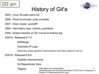 History of Git'a
2005 - Linus Torvalds starts Git
2006 - Proof-of-concept, quite unusable
2007 - Index reader, quickdiff
2008 - Add history view, commit, push/fetch
2009 - Eclipse decides on Git; moved to Eclipse.org
3/2010 - Released 0.7.0
           Diff/Merge
           Automatic IP Logs
           Preliminary merge algorithm implementation (not really usable for now on)

6/2010 - Released 0.8.0
           Usability Improvements
           Git Repositories View
           Tagging                 Slide taken from presentation:                                 3
                                   Understanding and Using Git at Eclipse | © 2010 by C. Aniszczyk, S.
                                   Pearce, R. Rosenberg and M. Sohn
 
