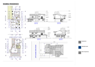 Experience 
Selected works 
Email:info @artetoarch.co.ke 
Work Experience 
GSPublisherEngine 5.0.100.100 
NOTES 
1.This drawing is protected under the copyright act and cannot be used or 
reproduced in part or in whole without authors consent 
2.All dimensions to be checked on site,written rule over scaled 
dimensions, any discrepancies to be reported to the architect before work 
commences 
3.All construction work to comply with the latest standard codes of 
practice,local authority by-law and fire regulations 
4.P.V. denotes permanent ventilation and must be provided above all doors 
and windows where indicated or shown 
5.All walls less than 200mm thick to be reinforced with hoop iron at every 
alternate course 
6.Water meter to be 300mm above g.l. 
7.D.P.C. denotes one layer of bituminous felt to be provided under all walls 
150mm above g.l. 
8.All r.c. works to structural engineers details depth of foundation to be 
determined on site and should not be less than 1200mm.provide one row of 
600x600x50mm precast concrete paving slabs around the building unless 
otherwise shown 
9.Heavy duty polythene sheeting and anti termite treatment to be provided 
under ground floor slab 
10.Plinth level to be minimum 300mm from proposed parking level or ground 
level 
11.All surface beds to be cast on well compacted and well consolidated filling 
12.Depth of foundation to be minimum 600mm below reduced ground level 
13.All pipes and services to be 450mm minimum below reduced ground level 
14.All inspection chambers within building area,drive way and parking areas to 
be heavy duty ,double seal air tight covers.Drains under building ,drive way 
and parking to be pvc pipes encased in 150mm concrete sorround 
PR OPOSED BUILTUP AREA 
REVISIONS ADDITIONS & ALTERATIONS 
NO DATE DESCRIPTION BY 
CONSULTA NTS 
DOR IS W A MBUI MWANGI 
PR OJECT 
Drawing type 
DESIGN AND DRAWN 
GHETAO J.H (g.huck@live.com) 
CHECK ED REG .NO SIGN 
01 DRAWING NO SCALE DA TE N.T.S 
1 :100 
FEB 2014 
CLIENT 
Client Signature 
Contacts :0712456399 
PR OPOSED RESIDE NT IAL HOUSE 
on p lot no. L .R . RUIR U/ R UIRU 
WEST BLOCK 4 /91 
1 
2 
3 
4 
5 
6 
A/8 
3,700 800 200 3,300 200 700 
A A 
200 2,800 200 1,000 200 3,500 200 
200 2,500 200 3,500 200 
200 4,800 200 
PV 
B 200 1,200 200 1,900 200 
B 
C C 
1 
2 
3 
4 
D D 
E E 
200 3,300 200 3,600 200 1,200 100 
200 3,500 200 
PANTRY 
ff tiles 
200 4,000 200 
200 4,800 200 3,300 200 
F - 150 
F 
PV 
G G 
1 
1 
2 
2 
3 
3 
4 
4 
5 
6 
A/8 
11,900 
F 
RG 
1,700 1,300 3,700 3,500 700 1,000 
A A 
200 2,000 200 1,300 200 3,300 200 1,400 200 
B B 
WC/SH 
C WC/SH 
ff tiles ff tiles 
C 
PV 
1 
2 
3 
4 
5 
6 
D D 
E E 
2 3 
ff tiles PV 
F F 
G G 
1 
2 
3 
4 
5 
18 x 167 = 3,000 
7 
8 
9 
10 
11 
12 
13 
14 
15 
16 
17 
18 
5 
1,525 1,500 1,775 350 2,500 350 500 1,000 1,000 375 1,800 375 1,350 
200 4,600 200 2,800 200 1,700 200 600 200 2,150 200 1,150 200 
1,100 3,800 1,500 1,500 1,500 5,000 
14,400 
400 1,000 200 6,700 2,700 550 350 
200 1,400 200 6,300 200 2,500 200 700 200 
1,700 1,300 3,700 3,500 700 1,000 
11,900 
1,000 375 1,800 375 2,950 1,000 1,500 500 1,525 1,500 1,875 
200 800 200 2,150 200 2,750 200 2,800 200 4,700 200 
1,100 3,800 1,500 1,500 1,500 5,000 
14,400 
400 1,000 
200 
1,300 2,200 200 1,300 200 3,500 250 1,000 350 
200 1,400 
200 
1,100 200 2,000 200 1,300 200 3,300 200 1,400 200 
200 6,100 200 2,800 200 
200 1,700 200 4,300 200 
200 4,800 200 
A/8 
A/9 
A/9 
PV 
PV 
PV 
PV PV 
PV 
PV 
PV 
PV 
PV 
PV 
BEDROOM 
ff tiles 
BEDROOM 
ff parquet 
BALCONY 
PV 
PV 
PV 
PV 
PV 
200 1,400 200 6,300 200 2,600 
5 
18 x 167 = 3,000 
2 3 
5 
100 
3,700 800 200 3,300 200 700 
100 
3,700 800 200 3,300 200 700 
100 
9,000 
6,300 1,500 1,200 7,900 
5,200 200 3,400 200 2,800 200 4,700 200 
3,600 3,800 1,500 1,500 1,500 5,000 
16,900 
700 1,500 500 1,500 1,500 2,700 800 200 
200 4,800 200 3,300 200 700 
1,300 3,700 3,500 700 
200 3,700 1,500 1,900 3,200 500 1,000 2,800 1,500 600 
200 3,300 200 3,600 200 2,800 200 2,500 200 3,500 200 
3,600 3,800 1,500 1,500 1,500 4,900 
9,450 
16,900 
200 5,000 3,600 200 
200 4,800 200 3,300 200 
PV PV 
PV 
PV 
PV 
PV 
PV 
PV 
BEDROOM 
ff tiles 
SUNKEN LOUNGE 
ff parquet 
WC/SH 
ff tiles 
DINING ROOM 
ff parquet 
PV 
PV 
PV 
FOYER 
ff tiles 
PV 
PV 
PV 
PV 
PV 
PV 
PV 
PV 
PV 
PV 
PV 
PV 
PV 
DECK 
ff tiles 
KITCHEN 
ff tiles 
1 
2 
3 
A/8 
A/9 
A/9 
ELEVATION 01 
SCALE 1:100 
STEEL C ASEMENT WINDOWS 
TO WINDOW & DOOR SCHEDULE 
RANDOM RUBBLE CLADDING 
TO ARCHITECTS APPROVAL . 
COLOURED CONCRETE ROOFING TILES 
ON TIMBER TRUSS MEMBERS TO S.E DET 
225 X 25mm TIMBER FASCIA BOARD 
FINISHED & PAINTED TO ARCHITECT S 
APPROVAL 
200 mm THICK MEDIUM SIZE MACHINE CUT 
MASONRY STONES PLASTERED & PAINTED 
TO ARCHITECTS APPROVAL. 
YELLOW BUSH HAMMERED STONE 
TO ARCHITECTS APPROVAL . 
STEEL CASEMENT WINDOWS 
TO WINDOW & DOOR SCHEDULE 
PV 
PV PV 
PV 
PV PV 
PV 
ELEVATION 02 
SC ALE 1:100 
RANDOM RUBBLE CL ADDING 
TO ARCHITECT S APPROVAL . 
COLOURED CONCRETE ROOFING TILES 
ON TIMBER TRUSS MEMBERS TO S.E DET 
225 X 25mm TIMBER FASCIA BOARD 
FINISHED & PAINTED TO ARCHITECTS 
APPROVAL 
200 mm THICK MEDIUM SIZE MACHINE CUT 
MASONRY STONES PLASTERED & PAINTED 
TO ARCHITECT S APPROVAL. 
STEEL CASEMENT WINDOWS 
TO WINDOW & DOOR SCHEDULE 
YELLOW BUSH HAMMERED STONE 
TO ARCHITECT S APPROVAL . 
PV 
PV PV PV 
PV 
ELEVATION 03 
SC ALE 1:100 
RANDOM RUBBLE CLADDING 
T O ARCHITECTS APPROVAL . 
COLOURED CONCRETE ROOFING TILES 
ON TIMBER TRUSS MEMBERS TO S.E DET 
225 X 25mm TIMBER FASCIA BOARD 
FINISHED & PAINTED TO ARCHITECTS 
APPROVAL 
200 mm THICK MEDIUM SIZE MACHINE CUT 
MASONRY STONES PL ASTERED & PAINTED 
T O ARCHITECTS APPROVAL. 
YELLOW BUSH HAMMERED STONE 
T O ARCHITECTS APPROVAL . 
PV 
PV 
PV 
ELEVATION 04 
SCALE 1:100 
RANDOM RUBBLE CLADDING 
TO ARCHITECTS APPROVAL . 
COLOURED CONCRETE ROOFING TILES 
ON TIMBER TRUSS MEMBERS TO S.E DET 
225 X 25mm TIMBER FASCIA BOARD 
FINISHED & PAINTED TO ARCHITECTS 
APPROVAL 
200 mm THICK MEDIUM SIZE MACHINE CUT 
MASONRY ST ONES PL ASTERED & PAINTED 
TO ARCHITECTS APPROVAL. 
YELLOW BUSH HAMMERED STONE 
TO ARCHITECTS APPROVAL . 
PV PV 
PV 
PV 
PV 
PV 
PV 
15,400 
30,800 
TO SEPTIC 
TANK 
SOAK PIT 
IC IC IC IC 
IC 
IC 
IC 
OFF KIAMBU RUIRU ROAD 
WAMBUI RESIDENCE 
 