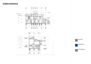 NOTES 
1.This drawing is protected under the copyright act and cannot be used or 
reproduced in part or in whole without authors consent 
2.All dimensions to be checked on site,written rule over scaled 
dimensions, any discrepancies to be reported to the architect before work 
commences 
3.All construction work to comply with the latest standard codes of 
practice,local authority by-law and fire regulations 
4.P.V. denotes permanent ventilation and must be provided above all doors 
and windows where indicated or shown 
5.All walls less than 200mm thick to be reinforced with hoop iron at every 
alternate course 
6.Water meter to be 300mm above g.l. 
7.D.P.C. denotes one layer of bituminous felt to be provided under all walls 
150mm above g.l. 
8.All r.c. works to structural engineers details depth of foundation to be 
determined on site and should not be less than 1200mm.provide one row of 
600x600x50mm precast concrete paving slabs around the building unless 
otherwise shown 
9.Heavy duty polythene sheeting and anti termite treatment to be provided 
under ground floor slab 
10.Plinth level to be minimum 300mm from proposed parking level or ground 
level 
11.All surface beds to be cast on well compacted and well consolidated filling 
12.Depth of foundation to be minimum 600mm below reduced ground level 
13.All pipes and services to be 450mm minimum below reduced ground level 
14.All inspection ch ambers within building area,drive way and parking areas to 
be heavy duty ,double seal air tight covers.Drains under building ,drive way 
and parking to be pvc pipes encased in 150mm concrete sorround 
PROPOSED BUILTUP AR EA 
REVISIONS ADDITIONS & ALTERATIONS 
NO DATE DESCRIPTION BY 
Experience 
CONSULTA NTS 
Selected works 
PR OJECT 
Email:info @artetoarch.co.ke 
Work Experience 
GSPublisherEngine 5.0.100.100 
PR OPOSED RESIDENT IAL HOUSE 
on plot no. L.R. RUIRU/RUIRU 
W EST BL OC K 4/91 
Drawing type 
DESIGN AND DRA WN 
GHETAO J.H (g.huck@live.com) 
CHECKED REG .NO SIGN 
02 DRA WING NO SCALE DATE N.T.S 
1 :100 
FEB 2014 
CLIENT 
Client Signature 
Contacts :0712456399 
DORIS WA MBUI MWA NGI 
A 
A 
B 
B 
C 
C 
D 
D 
E 
E 
F 
F 
G 
G 
4,900 1,500 1,500 1,500 3,800 3,600 
3,000 2,700 
WALL CLADDED TO ARCHITECTS 
APPROVAL 
PORTUGUESE CLAY ROOFING TILES 
ON TIMBER TRUSS MEMBERS TO S.E 
DETAILS 
225 X 25mm TIMBER FASCIA BOARD 
FINISHED & PAINTED TO ARCHITECTS 
APPROVAL 
ROOF LEVEL 
FIRST FLOOR LEVEL 
GROUND FLOOR LEVEL 
PV PV PV PV PV 
PV PV PV PV 
PV PV PV PV 
PURPOSE MADE S TEEL CASEMENT 
WINDOWS TO WINDOW & DOOR 
SCHEDULE 
PURPOSE MADE SLIDDING 
DOOR TO WINDOW & DOOR 
SCHEDULE 
RC STAIRCASE TO S.E DET 
18 RISERS@150MM 
TREADS@300MM 
150 mm THICK R.C FLOOR SLAB ON 
1000g D.P.M TREATED WITH ANTI-TERMITE 
SOLUTION ON HARDCORE & BLINDING 
LAYER TO S.E DETAILS. 
600X 200 mm R.C STRIP FOUNDATION 
FOO TING ON BLINDING LAYER & 
FOUNDATION DEPTH TO BE 
DETERMINED ON SITE TO S.E DETAILS. 
5 
5 
4 
4 
3 
3 
2 
2 
1 
PV PV 
1 
700 3,500 3,700 1,300 
3,000 2,700 1,900 2,100 
ROOF LEVEL 
FIRST FLOOR LEVEL 
GROUND FLOOR LEVEL 
PV 
PORTUGUESE CLAY 
ROOFING TILES 
ON TIMBER TRUSS 
MEMBERS TO S.E 
DETAILS 
225 X 25mm TIMBER FASCIA 
BOARD 
FINISHED & PAINTED TO 
ARCHITECTS 
APPROVAL 
WATER TANK LEVEL 
PV 
PV PV 
TOP ROOF LEVEL 
POSITION OF COLD WATER TANKS ON 
APPROVED TIMBER SUPPORTS TO S.E 
DETAILS & TANKS CAPACIT Y TO M.E 
SPECIFICATION. 
PURPOSE MADE STEEL CASEMENT 
WINDOWS TO WINDOW & DOOR 
SCHEDULE 
150 mm THICK R.C FLOOR SLAB ON 
1000g D.P.M TREATED WITH ANTI-TERMITE 
SOLUTION ON HARDCORE & BLINDING 
LAYER TO S.E DETAILS. 
600X 200 mm R.C STRIP FOUNDATION 
FOOTING ON BLINDING LAYER & 
FOUNDATION DEPTH TO BE 
DETERMINED ON SITE TO S.E DETAILS. 
RC STAIRCASE TO S.E DET 
18 RISERS@150MM 
TREADS@300MM 
600 600 900 600 600 
450 
2,400 200 
100 100 
530 EQ EQ EQ EQ EQ 
2,700 
3,300 
750 
165 100 50 
485 
600 
50 
640 
Extra space to receive a fixed varvished mdf panel to 
18mm thick post-formed laminated mdf doors to 
20mm dia chrome pipe hanging rail 
Door pull handles to schedule 
approval. 
Mirror fixed on the back side 
of door to architect's approval 
2no. drawer on unitson rollers, 
consisting of 25mm softwood 
sides and mdf bottom with 18mm 
thick mdf front 
Shoe rack to approval 
100x12mm skirting 
approval. 
20mm thick shelving 
ELEVATION 01 
LOCATION: Bedroom (guest) 
Scale 1:25 
Light fitting with a pull switch to Eng's details. 
Mirror fixed to wall with foam backing to approval 
1,200 900 1,200 
2,400 200 
2,400 200 
100 100 
100 100 
2,700 
2,200 
L[76]05 
550 550 550 550 
2no. drawer on unitson rollers, 
consisting of 25mm softwood 
sides and mdf bottom with 18mm 
thick mdf front 
Extra space to receive a 
fixed varvished mdf panel 
to approval. 
18mm thick post-formed 
laminated mdf doors to 
approval. 
20mm thick shelving 
20mm dia chrome 
pipe hanging rail 
Door pull handles to 
schedule 
Mirror fixed on the back side 
of door to architect's approval 
2no. drawer on unitson rollers, 
consisting of 25mm softwood 
sides and mdf bottom with 18mm 
thick mdf front 
100x12mm skirting 
Shoe rack to approval 


	 
 
LOCATION: Bedroom 2 
600 
3,300 
20mm dia chrome pipe 
hanging rail 
Shoe rack to det 
18mm thick post-formed 
laminated mdf doors to approval. 
		 