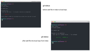 git status
before add file in index to local repo
git status
after add file into local repo from index
 