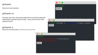 git branch
Show list of exist branches.
git branch -vv
list mode, show sha1 and commit subject line for each head, along with
relationship to upstream branch (if any). Twice, print the name of the
upstream branch
git branch -a
Show list of exist branches, including remote branches
 