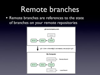 Remote branches
• Remote branches are references to the state
 of branches on your remote repositories
 