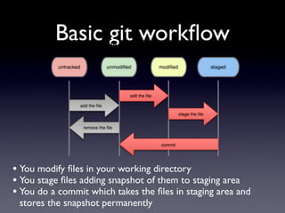 Basic git workﬂow




• You modify ﬁles in your working directory
• You stage ﬁles adding snapshot of them to staging area
• You do a commit which takes the ﬁles in staging area and
 stores the snapshot permanently
 
