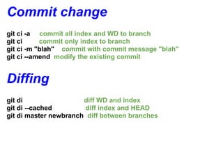Commit change
git ci -a commit all index and WD to branch
git ci     commit only index to branch
git ci -m "blah" commit with commit message "blah"
git ci --amend modify the existing commit


Diffing
git di                 diff WD and index
git di --cached         diff index and HEAD
git di master newbranch diff between branches
 