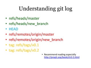 Understanding git log
•   refs/heads/master
•   refs/heads/new_branch
•   HEAD
•   refs/remotes/origin/master
•   refs/remotes/origin/new_branch
•   tag: refs/tags/v0.1
•   tag: refs/tags/v0.2
                      • Recommend reading especially
                        http://progit.org/book/ch3-5.html
 