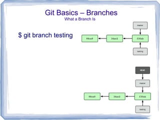 Git Basics – Branches 
What a Branch Is 
$ git branch testing 
 