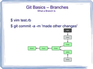 Git Basics – Branches 
What a Branch Is 
$ vim test.rb 
$ git commit -a -m 'made other changes' 
 