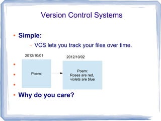 Version Control Systems 
● Simple: 
– VCS lets you track your files over time. 
● 
● 
● 
2012/10/01 
Poem: 
2012/10/02 
● Why do you care? 
Poem: 
Roses are red, 
violets are blue 
 