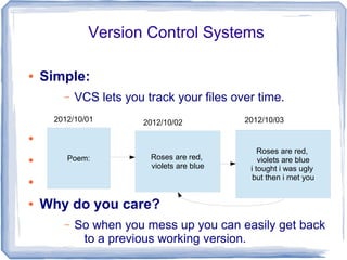 Version Control Systems 
● Simple: 
– VCS lets you track your files over time. 
● 
● 
● 
2012/10/01 
Poem: 
2012/10/02 
Roses are red, 
violets are blue 
● Why do you care? 
2012/10/03 
– So when you mess up you can easily get back 
to a previous working version. 
Roses are red, 
violets are blue 
i tought i was ugly 
but then i met you 
 
