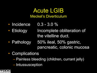 • Incidence 0.3 - 3.0 %
• Etiology Incomplete obliteration of
the vitelline duct.
• Pathology 50% ileal, 50% gastric,
pancreatic, colonic mucosa
• Complications
– Painless bleeding (children, currant jelly)
– Intussusception
Acute LGIB
Meckel’s Diverticulum
 