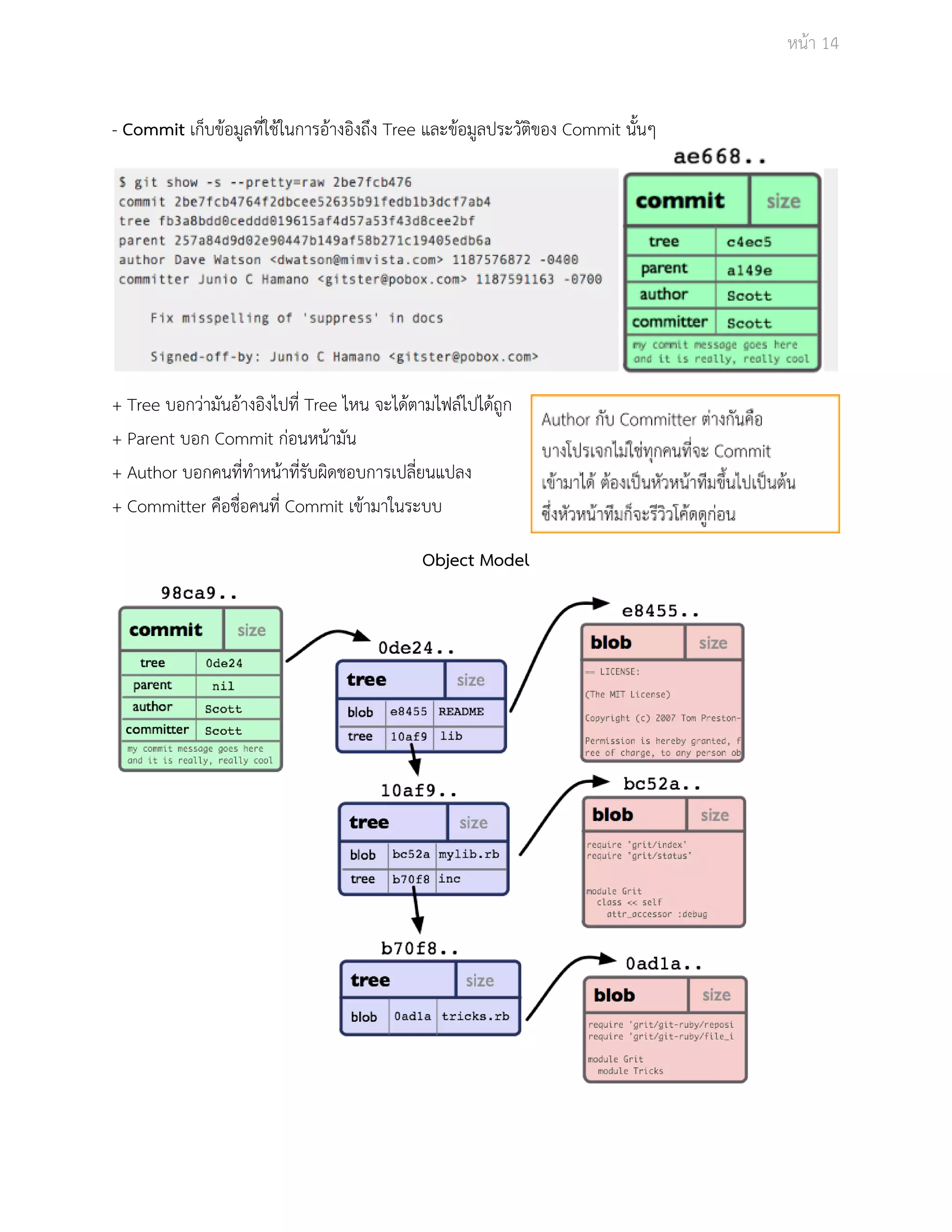 Āนšา 14 
­Commit 
เก็บขšอมูลที่ใชšในการอšางอิงถึง Tree และขšอมูลประüัติของ Commit นั้นๆ 
+ Tree บอกüŠามันอšางอิงไปที่ Tree ไĀน จะไดšตามไฟลŤไปไดšถูก 
+ Parent บอก Commit กŠอนĀนšามัน 
+ Author บอกคนที่ทำĀนšาที่รับผิดชอบการเปลี่ยนแปลง 
+ Committer คือชื่อคนที่ Commit เขšามาในระบบ 
Object Model 
 
