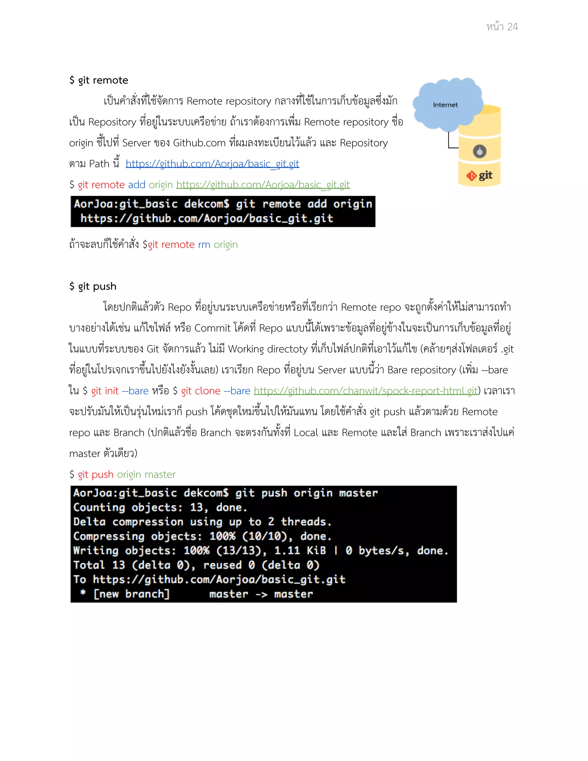 Āนšา 24 
$ git remote 
เปŨนคำÿั่งที่ใชšจัดการ Remote repository กลางที่ใชšในการเก็บขšอมูลซึ่งมัก 
เปŨน Repository ที่อยูŠในระบบเครือขŠาย ถšาเราตšองการเพื่ม Remote repository ชื่อ 
origin ชี้ไปที่ Server ของ Github.com ที่ผมลงทะเบียนไüšแลšü และ Repository 
ตาม Path นี้ https://github.com/Aorjoa/basic_git.git 
$ git remote add origin https://github.com/Aorjoa/basic_git.git 
ถšาจะลบก็ใชšคำÿั่ง $git remote rm origin 
$ git push 
โดยปกติแลšüตัü Repo ที่อยูŠบนระบบเครือขŠายĀรือที่เรียกüŠา Remote repo จะถูกตั้งคŠาใĀšไมŠÿามารถทำ 
บางอยŠางไดšเชŠน แกšไขไฟลŤ Āรือ Commit โคšดที่ Repo แบบนี้ไดšเพราะขšอมูลที่อยูŠขšางในจะเปŨนการเก็บขšอมูลที่อยูŠ 
ในแบบที่ระบบของ Git จัดการแลšü ไมŠมี Working directoty ที่เก็บไฟลŤปกติที่เอาไüšแกšไข (คลšายๆÿŠงโฟลเดอรŤ .git 
ที่อยูŠในโปรเจกเราขึ้นไปยังไงยังงั้นเลย) เราเรียก Repo ที่อยูŠบน Server แบบนี้üŠา Bare repository (เพิ่ม ­­bare 
ใน $ git init ­­bare 
Āรือ $ git clone ­­bare 
https://github.com/chanwit/spock­report­html. 
git) เüลาเรา 
จะปรับมันใĀšเปŨนรุŠนใĀมŠเราก็ push โคšดชุดใĀมŠขึ้นไปใĀšมันแทน โดยใชšคำÿั่ง git push แลšüตามดšüย Remote 
repo และ Branch (ปกติแลšüชื่อ Branch จะตรงกันทั้งที่ Local และ Remote และใÿŠ Branch เพราะเราÿŠงไปแคŠ 
master ตัüเดียü) 
$ git push origin master 
 