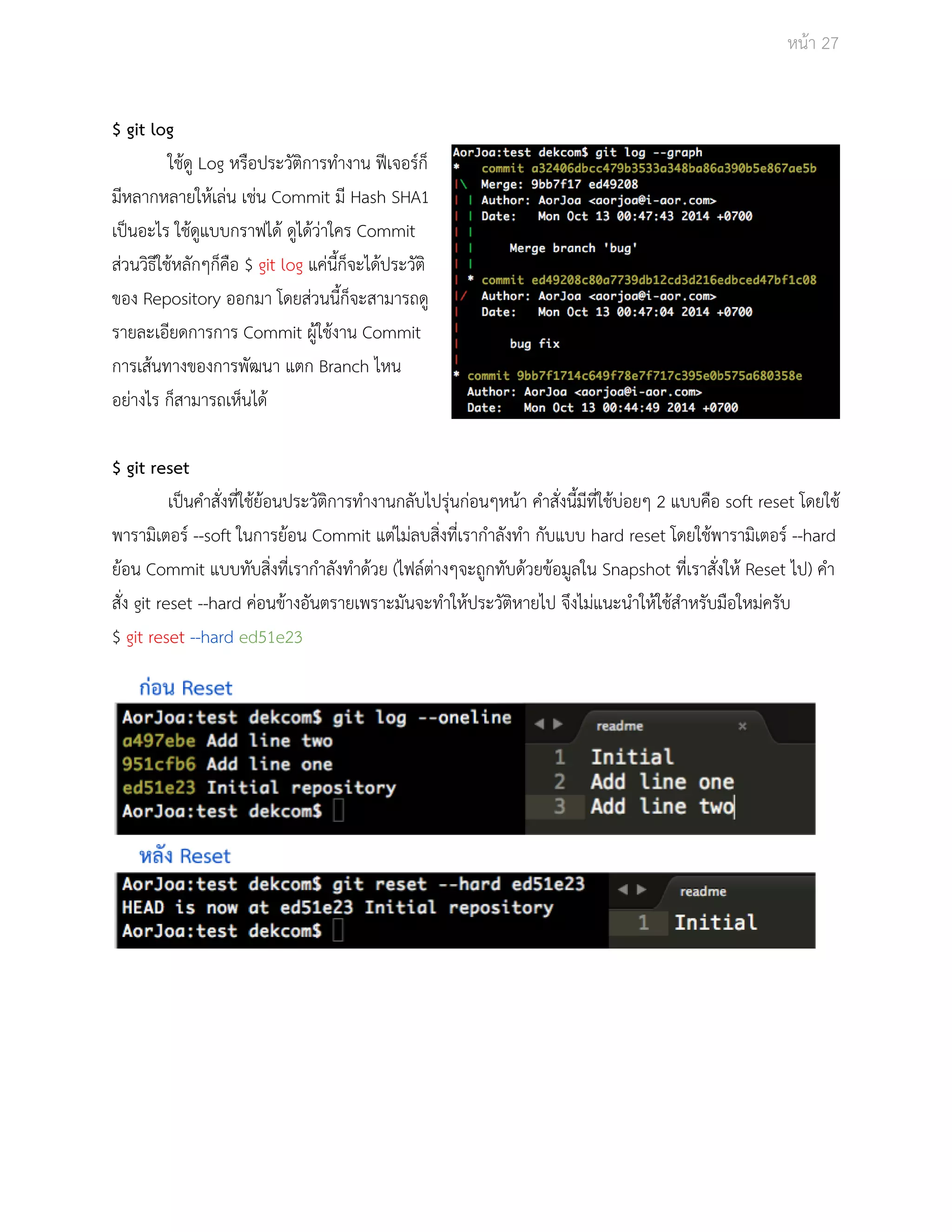 Āนšา 27 
$ git log 
ใชšดู Log Āรือประüัติการทำงาน ฟŘเจอรŤก็ 
มีĀลากĀลายใĀšเลŠน เชŠน Commit มี Hash SHA1 
เปŨนอะไร ใชšดูแบบกราฟไดš ดูไดšüŠาใคร Commit 
ÿŠüนüิธีใชšĀลักๆก็คือ $ git log แคŠนี้ก็จะไดšประüัติ 
ของ Repository ออกมา โดยÿŠüนนี้ก็จะÿามารถดู 
รายละเอียดการการ Commit ผูšใชšงาน Commit 
การเÿšนทางของการพัฒนา แตก Branch ไĀน 
อยŠางไร ก็ÿามารถเĀ็นไดš 
$ git reset 
เปŨนคำÿั่งที่ใชšยšอนประüัติการทำงานกลับไปรุŠนกŠอนๆĀนšา คำÿั่งนี้มีที่ใชšบŠอยๆ 2 แบบคือ soft reset โดยใชš 
พารามิเตอรŤ ­­soft 
ในการยšอน Commit แตŠไมŠลบÿิ่งที่เรากำลังทำ กับแบบ hard reset โดยใชšพารามิเตอรŤ ­­hard 
ยšอน Commit แบบทับÿิ่งที่เรากำลังทำดšüย (ไฟลŤตŠางๆจะถูกทับดšüยขšอมูลใน Snapshot ที่เราÿั่งใĀš Reset ไป) คำ 
ÿั่ง git reset ­­hard 
คŠอนขšางอันตรายเพราะมันจะทำใĀšประüัติĀายไป จึงไมŠแนะนำใĀšใชšÿำĀรับมือใĀมŠครับ 
$ git reset ­­hard 
ed51e23 
 