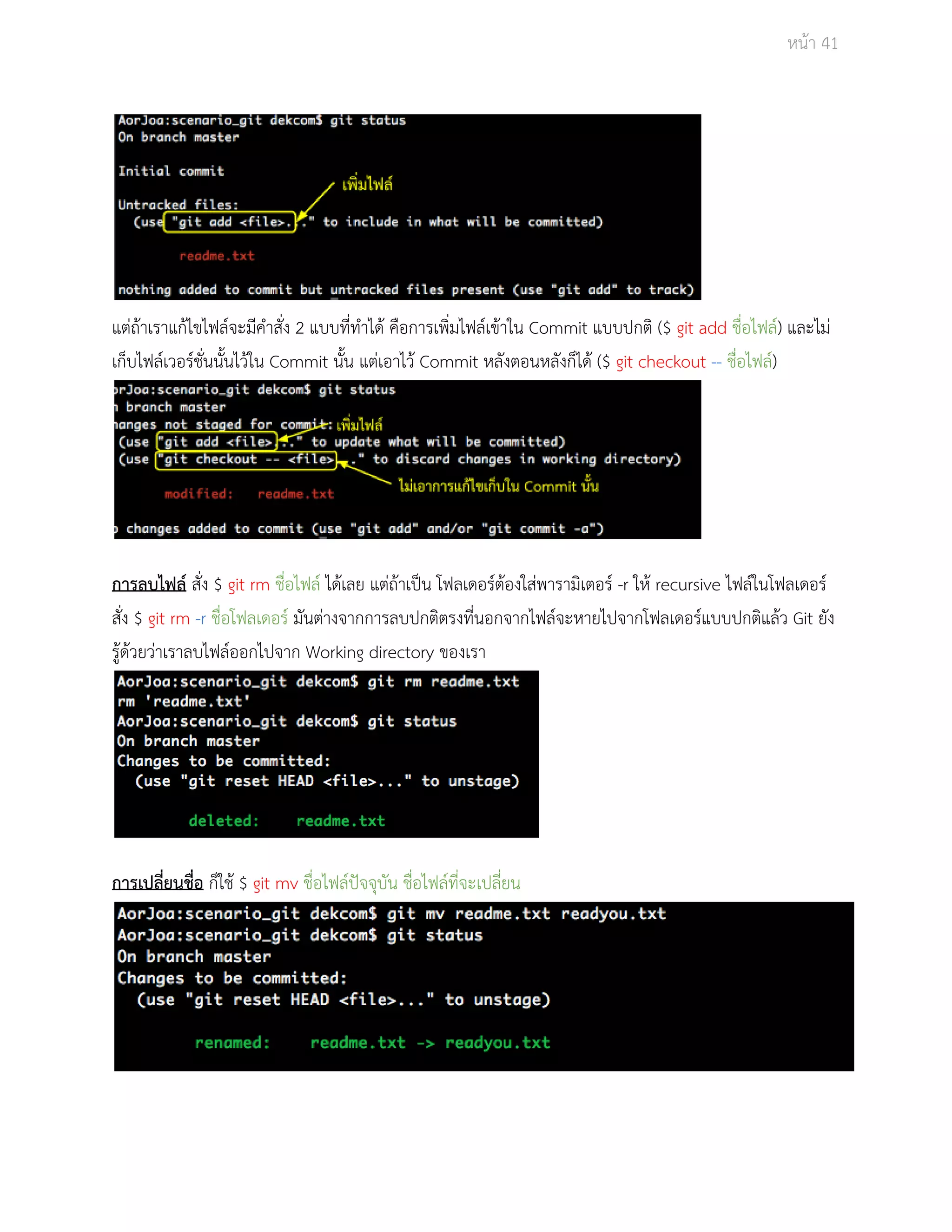 Āนšา 41 
แตŠถšาเราแกšไขไฟลŤจะมีคำÿั่ง 2 แบบที่ทำไดš คือการเพิ่มไฟลŤเขšาใน Commit แบบปกติ ($ git add ชื่อไฟลŤ) และไมŠ 
เก็บไฟลŤเüอรŤชั่นนั้นไüšใน Commit นั้น แตŠเอาไüš Commit ĀลังตอนĀลังก็ไดš ($ git checkout ­­ชื่ 
อไฟลŤ) 
การลบไฟลŤ ÿั่ง $ git rm ชื่อไฟลŤ ไดšเลย แตŠถšาเปŨน โฟลเดอรŤตšองใÿŠพารามิเตอรŤ ­r 
ใĀš recursive ไฟลŤในโฟลเดอรŤ 
ÿั่ง $ git rm ­r 
ชื่อโฟลเดอรŤ มันตŠางจากการลบปกติตรงที่นอกจากไฟลŤจะĀายไปจากโฟลเดอรŤแบบปกติแลšü Git ยัง 
รูšดšüยüŠาเราลบไฟลŤออกไปจาก Working directory ของเรา 
การเปลี่ยนชื่อ ก็ใชš $ git mv ชื่อไฟลŤปŦจจุบัน ชื่อไฟลŤที่จะเปลี่ยน 
 