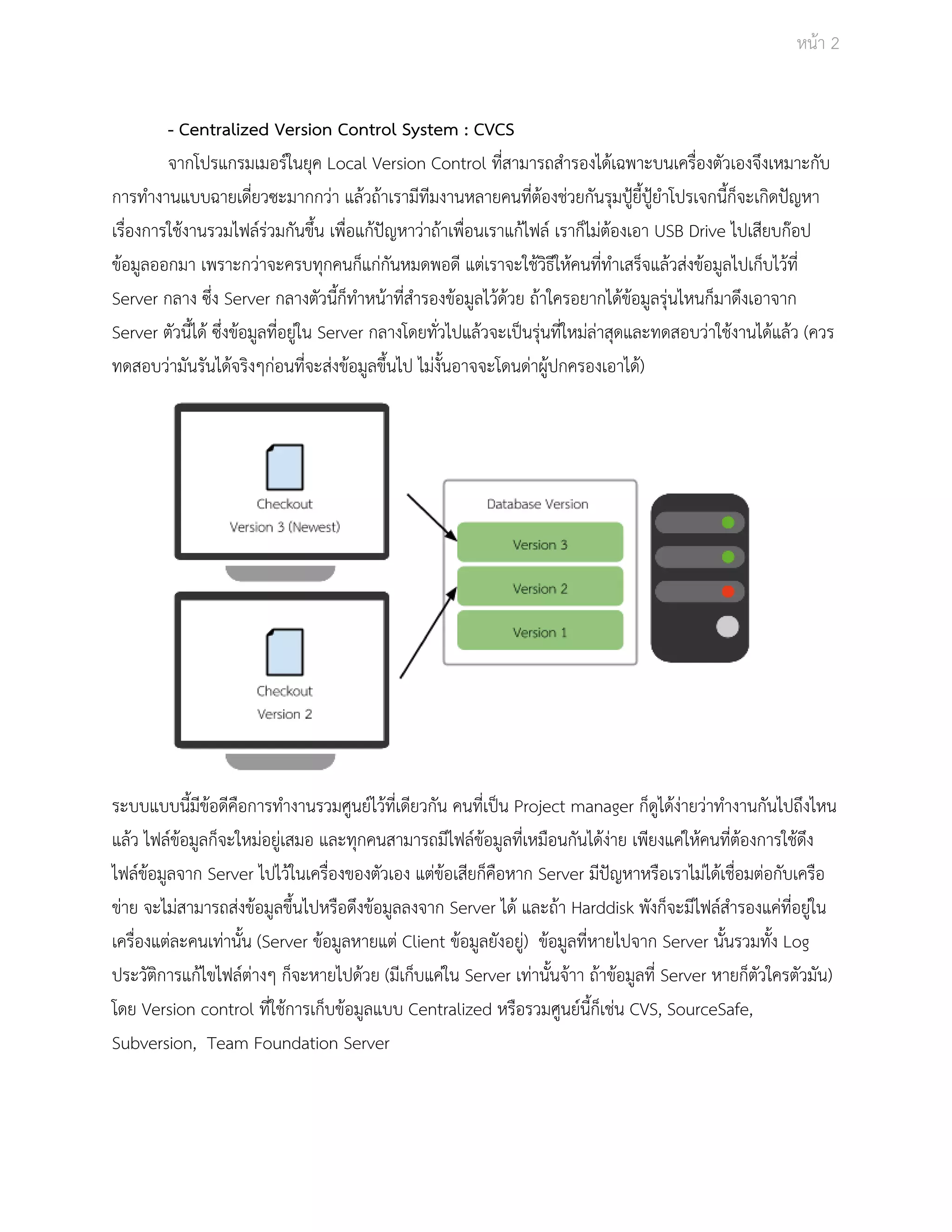 Āนšา 2 
­Centralized 
Version Control System : CVCS 
จากโปรแกรมเมอรŤในยุค Local Version Control ที่ÿามารถÿำรองไดšเฉพาะบนเครื่องตัüเองจึงเĀมาะกับ 
การทำงานแบบฉายเดี่ยüซะมากกüŠา แลšüถšาเรามีทีมงานĀลายคนที่ตšองชŠüยกันรุมปูŜยี้ปูŜยำโปรเจกนี้ก็จะเกิดปŦญĀา 
เรื่องการใชšงานรüมไฟลŤรŠüมกันขึ้น เพื่อแกšปŦญĀาüŠาถšาเพื่อนเราแกšไฟลŤ เราก็ไมŠตšองเอา USB Drive ไปเÿียบกŢอป 
ขšอมูลออกมา เพราะกüŠาจะครบทุกคนก็แกŠกันĀมดพอดี แตŠเราจะใชšüิธีใĀšคนที่ทำเÿร็จแลšüÿŠงขšอมูลไปเก็บไüšที่ 
Server กลาง ซึ่ง Server กลางตัüนี้ก็ทำĀนšาที่ÿำรองขšอมูลไüšดšüย ถšาใครอยากไดšขšอมูลรุŠนไĀนก็มาดึงเอาจาก 
Server ตัüนี้ไดš ซึ่งขšอมูลที่อยูŠใน Server กลางโดยทั่üไปแลšüจะเปŨนรุŠนที่ใĀมŠลŠาÿุดและทดÿอบüŠาใชšงานไดšแลšü (คüร 
ทดÿอบüŠามันรันไดšจริงๆกŠอนที่จะÿŠงขšอมูลขึ้นไป ไมŠงั้นอาจจะโดนดŠาผูšปกครองเอาไดš) 
ระบบแบบนี้มีขšอดีคือการทำงานรüมýูนยŤไüšที่เดียüกัน คนที่เปŨน Project manager ก็ดูไดšงŠายüŠาทำงานกันไปถึงไĀน 
แลšü ไฟลŤขšอมูลก็จะใĀมŠอยูŠเÿมอ และทุกคนÿามารถมีไฟลŤขšอมูลที่เĀมือนกันไดšงŠาย เพียงแคŠใĀšคนที่ตšองการใชšดึง 
ไฟลŤขšอมูลจาก Server ไปไüšในเครื่องของตัüเอง แตŠขšอเÿียก็คือĀาก Server มีปŦญĀาĀรือเราไมŠไดšเชื่อมตŠอกับเครือ 
ขŠาย จะไมŠÿามารถÿŠงขšอมูลขึ้นไปĀรือดึงขšอมูลลงจาก Server ไดš และถšา Harddisk พังก็จะมีไฟลŤÿำรองแคŠที่อยูŠใน 
เครื่องแตŠละคนเทŠานั้น (Server ขšอมูลĀายแตŠ Client ขšอมูลยังอยูŠ) ขšอมูลที่Āายไปจาก Server นั้นรüมทั้ง Log 
ประüัติการแกšไขไฟลŤตŠางๆ ก็จะĀายไปดšüย (มีเก็บแคŠใน Server เทŠานั้นจšาา ถšาขšอมูลที่ Server Āายก็ตัüใครตัüมัน) 
โดย Version control ที่ใชšการเก็บขšอมูลแบบ Centralized ĀรือรüมýูนยŤนี้ก็เชŠน CVS, SourceSafe, 
Subversion, Team Foundation Server 
 