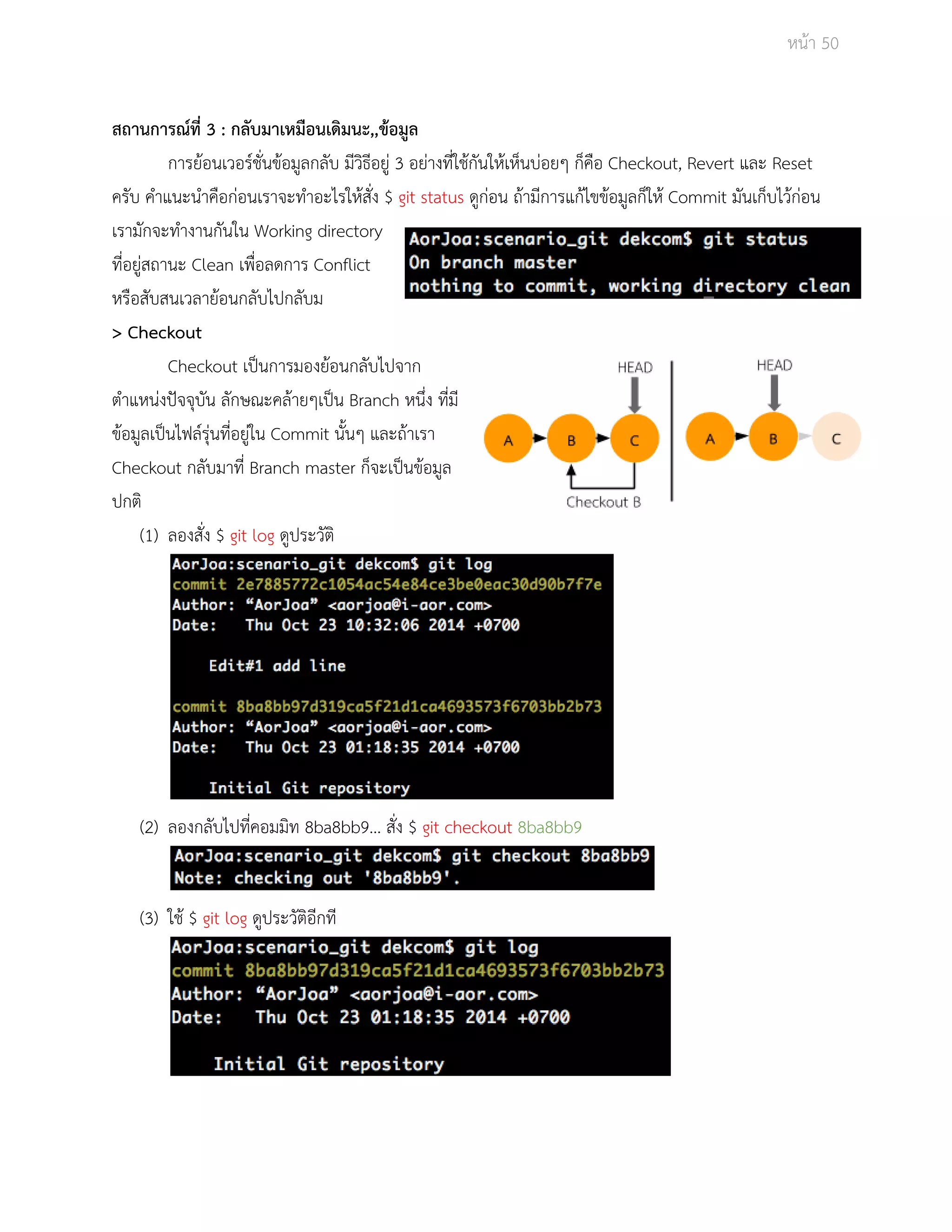 Āนšา 50 
ÿถานการณŤที่ 3 : กลับมาเĀมือนเดิมนะ,,ขšอมูล 
การยšอนเüอรŤชั่นขšอมูลกลับ มีüิธีอยูŠ 3 อยŠางที่ใชšกันใĀšเĀ็นบŠอยๆ ก็คือ Checkout, Revert และ Reset 
ครับ คำแนะนำคือกŠอนเราจะทำอะไรใĀšÿั่ง $ git status ดูกŠอน ถšามีการแกšไขขšอมูลก็ใĀš Commit มันเก็บไüšกŠอน 
เรามักจะทำงานกันใน Working directory 
ที่อยูŠÿถานะ Clean เพื่อลดการ Conflict 
Āรือÿับÿนเüลายšอนกลับไปกลับม 
> Checkout 
Checkout เปŨนการมองยšอนกลับไปจาก 
ตำแĀนŠงปŦจจุบัน ลักþณะคลšายๆเปŨน Branch Āนึ่ง ที่มี 
ขšอมูลเปŨนไฟลŤรุŠนที่อยูŠใน Commit นั้นๆ และถšาเรา 
Checkout กลับมาที่ Branch master ก็จะเปŨนขšอมูล 
ปกติ 
(1) ลองÿั่ง $ git log ดูประüัติ 
(2) ลองกลับไปที่คอมมิท 8ba8bb9… ÿั่ง $ git checkout 8ba8bb9 
(3) ใชš $ git log ดูประüัติอีกที 
 