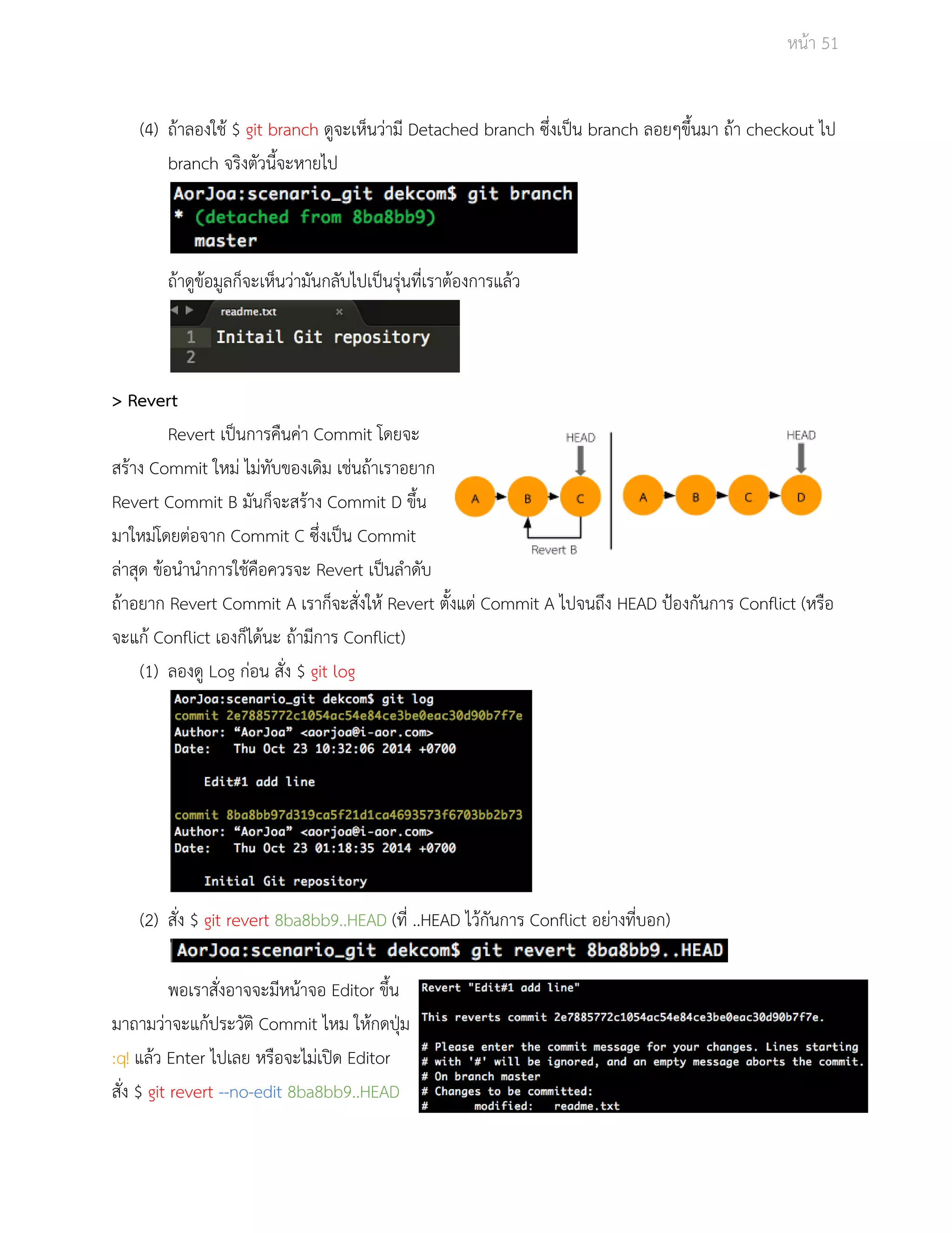 Āนšา 51 
(4) ถšาลองใชš $ git branch ดูจะเĀ็นüŠามี Detached branch ซึ่งเปŨน branch ลอยๆขึ้นมา ถšา checkout ไป 
branch จริงตัüนี้จะĀายไป 
ถšาดูขšอมูลก็จะเĀ็นüŠามันกลับไปเปŨนรุŠนที่เราตšองการแลšü 
> Revert 
Revert เปŨนการคืนคŠา Commit โดยจะ 
ÿรšาง Commit ใĀมŠ ไมŠทับของเดิม เชŠนถšาเราอยาก 
Revert Commit B มันก็จะÿรšาง Commit D ขึ้น 
มาใĀมŠโดยตŠอจาก Commit C ซึ่งเปŨน Commit 
ลŠาÿุด ขšอนำนำการใชšคือคüรจะ Revert เปŨนลำดับ 
ถšาอยาก Revert Commit A เราก็จะÿั่งใĀš Revert ตั้งแตŠ Commit A ไปจนถึง HEAD ปŜองกันการ Conflict (Āรือ 
จะแกš Conflict เองก็ไดšนะ ถšามีการ Conflict) 
(1) ลองดู Log กŠอน ÿั่ง $ git log 
(2) ÿั่ง $ git revert 8ba8bb9..HEAD (ที่ ..HEAD ไüšกันการ Conflict อยŠางที่บอก) 
พอเราÿั่งอาจจะมีĀนšาจอ Editor ขึ้น 
มาถามüŠาจะแกšประüัติ Commit ไĀม ใĀšกดปุśม 
:q! แลšü Enter ไปเลย ĀรือจะไมŠเปŗด Editor 
ÿั่ง $ git revert ­­no­edit 
8ba8bb9..HEAD 
 