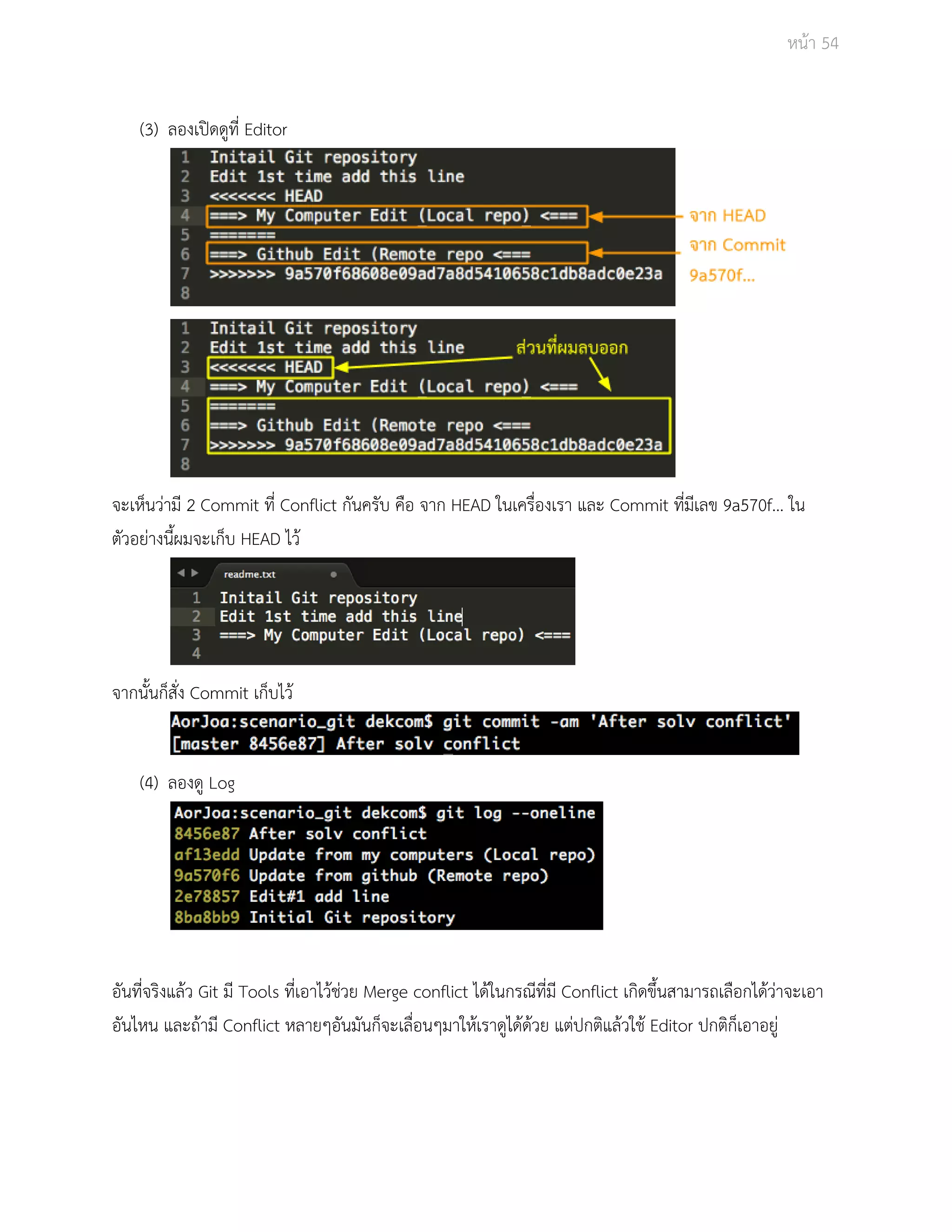 Āนšา 54 
(3) ลองเปŗดดูที่ Editor 
จะเĀ็นüŠามี 2 Commit ที่ Conflict กันครับ คือ จาก HEAD ในเครื่องเรา และ Commit ที่มีเลข 9a570f… ใน 
ตัüอยŠางนี้ผมจะเก็บ HEAD ไüš 
จากนั้นก็ÿั่ง Commit เก็บไüš 
(4) ลองดู Log 
อันที่จริงแลšü Git มี Tools ที่เอาไüšชŠüย Merge conflict ไดšในกรณีที่มี Conflict เกิดขึ้นÿามารถเลือกไดšüŠาจะเอา 
อันไĀน และถšามี Conflict Āลายๆอันมันก็จะเลื่อนๆมาใĀšเราดูไดšดšüย แตŠปกติแลšüใชš Editor ปกติก็เอาอยูŠ 
 