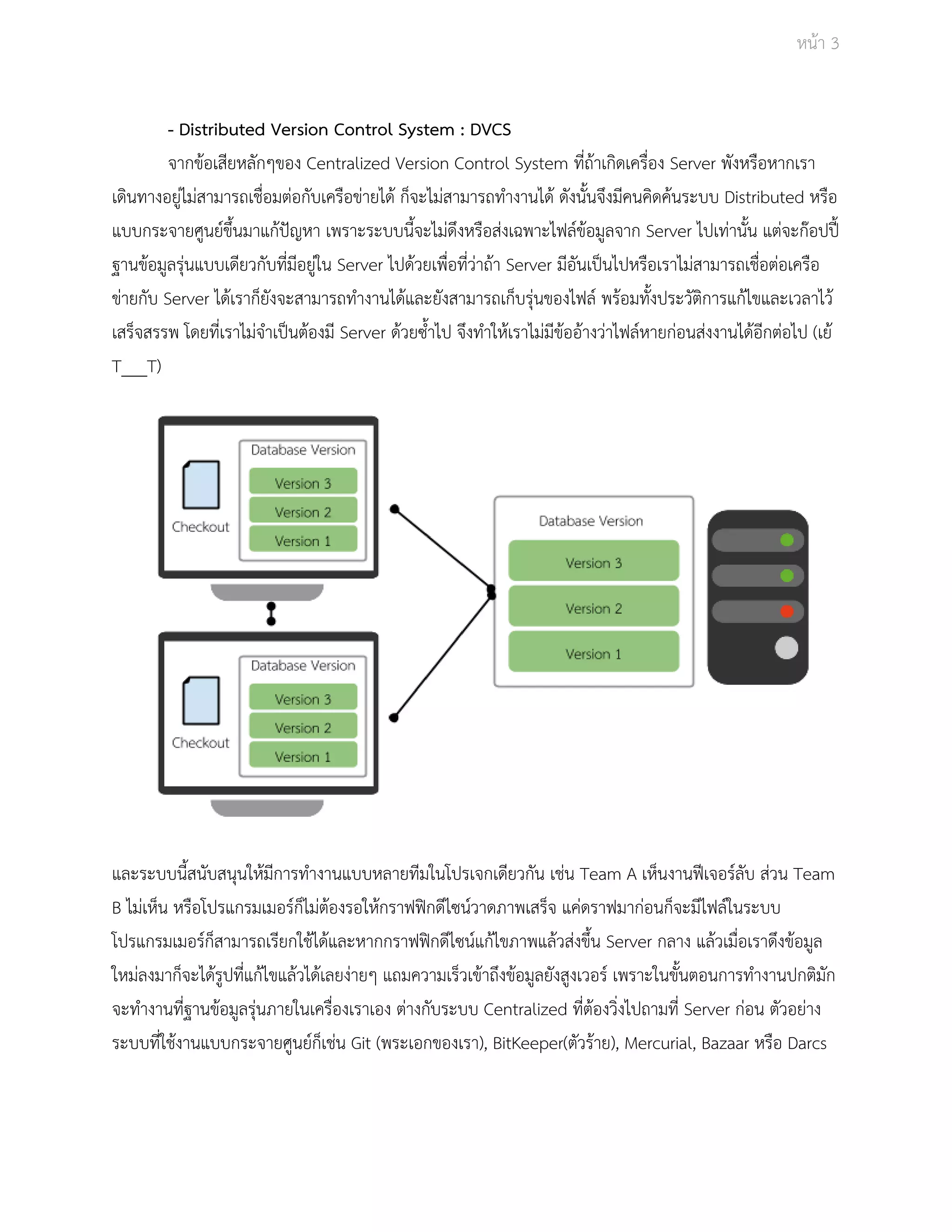 Āนšา 3 
­Distributed 
Version Control System : DVCS 
จากขšอเÿียĀลักๆของ Centralized Version Control System ที่ถšาเกิดเครื่อง Server พังĀรือĀากเรา 
เดินทางอยูŠไมŠÿามารถเชื่อมตŠอกับเครือขŠายไดš ก็จะไมŠÿามารถทำงานไดš ดังนั้นจึงมีคนคิดคšนระบบ Distributed Āรือ 
แบบกระจายýูนยŤขึ้นมาแกšปŦญĀา เพราะระบบนี้จะไมŠดึงĀรือÿŠงเฉพาะไฟลŤขšอมูลจาก Server ไปเทŠานั้น แตŠจะกŢอปปŘŪ 
ฐานขšอมูลรุŠนแบบเดียüกับที่มีอยูŠใน Server ไปดšüยเพื่อที่üŠาถšา Server มีอันเปŨนไปĀรือเราไมŠÿามารถเชื่อตŠอเครือ 
ขŠายกับ Server ไดšเราก็ยังจะÿามารถทำงานไดšและยังÿามารถเก็บรุŠนของไฟลŤ พรšอมทั้งประüัติการแกšไขและเüลาไüš 
เÿร็จÿรรพ โดยที่เราไมŠจำเปŨนตšองมี Server ดšüยซ้ำไป จึงทำใĀšเราไมŠมีขšออšางüŠาไฟลŤĀายกŠอนÿŠงงานไดšอีกตŠอไป (เยš 
T___T) 
และระบบนี้ÿนับÿนุนใĀšมีการทำงานแบบĀลายทีมในโปรเจกเดียüกัน เชŠน Team A เĀ็นงานฟŘเจอรŤลับ ÿŠüน Team 
B ไมŠเĀ็น ĀรือโปรแกรมเมอรŤก็ไมŠตšองรอใĀšกราฟฟŗกดีไซนŤüาดภาพเÿร็จ แคŠดราฟมากŠอนก็จะมีไฟลŤในระบบ 
โปรแกรมเมอรŤก็ÿามารถเรียกใชšไดšและĀากกราฟฟŗกดีไซนŤแกšไขภาพแลšüÿŠงขึ้น Server กลาง แลšüเมื่อเราดึงขšอมูล 
ใĀมŠลงมาก็จะไดšรูปที่แกšไขแลšüไดšเลยงŠายๆ แถมคüามเร็üเขšาถึงขšอมูลยังÿูงเüอรŤ เพราะในขั้นตอนการทำงานปกติมัก 
จะทำงานที่ฐานขšอมูลรุŠนภายในเครื่องเราเอง ตŠางกับระบบ Centralized ที่ตšองüิ่งไปถามที่ Server กŠอน ตัüอยŠาง 
ระบบที่ใชšงานแบบกระจายýูนยŤก็เชŠน Git (พระเอกของเรา), BitKeeper(ตัüรšาย), Mercurial, Bazaar Āรือ Darcs 
 